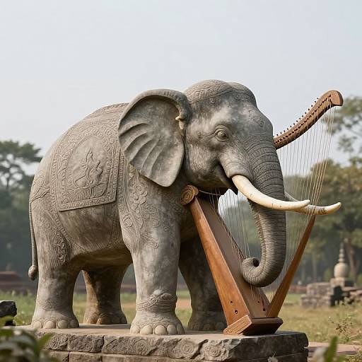 Photograph of a detailed stone elephant statue playing a wooden harp, set outdoors with a blurred green forest background.
