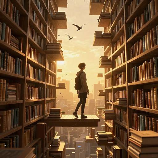 Silhouetted figure stands in narrow, towering book-filled alley at sunset, books floating, cityscape below, bird flying overhead. Digital art.