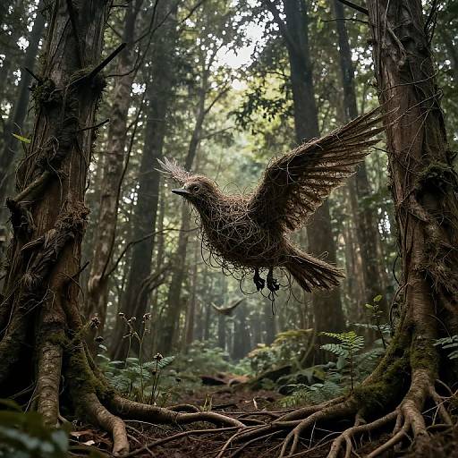 Photograph of a small, brown bird with tangled feathers mid-flight in a dense, sunlit forest, surrounded by tall trees and lush green undergrowth