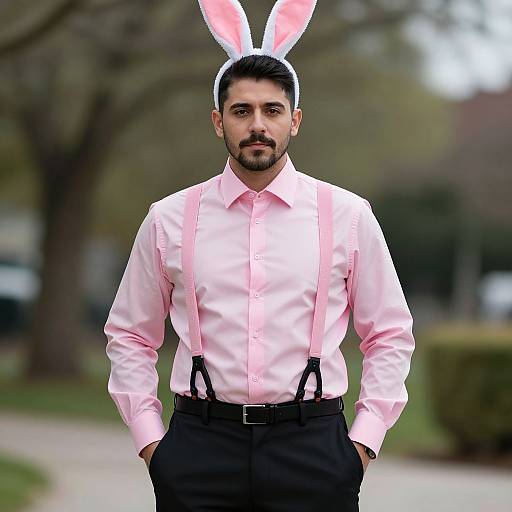 Photograph of a bearded man with dark hair and mustache, wearing pink bunny ears, pink shirt, black pants, and pink suspenders,
