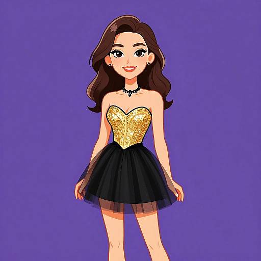 Digital anime-style drawing of a smiling woman with wavy brown hair, wearing a strapless, gold-embellished top and black tulle skirt