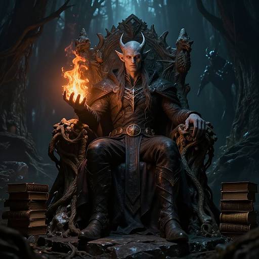 Digital artwork of a dark, horned demon king with glowing fire in hand, seated on a throne in a forest, surrounded by books and skulls.