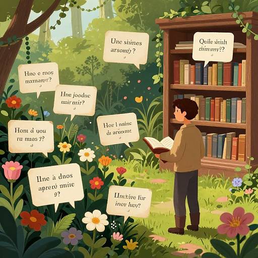 Digital illustration of a boy reading by a wooden bookshelf in a colorful garden, surrounded by flowers and speech bubbles in Spanish.