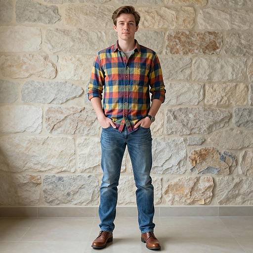 Young man in colorful plaid shirt and jeans