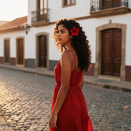 Photograph of a curly-haired woman with a red flower in her hair, wearing a red dress, standing on a cobblestone street at sunset,