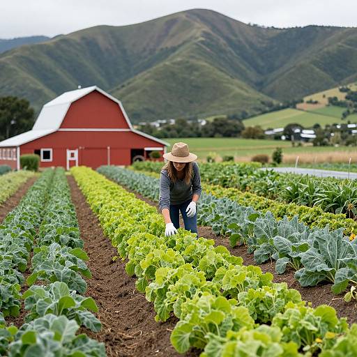 Photograph of a woman in a straw hat and gloves, tending to vibrant green leafy crops in a neat row, with a red barn and