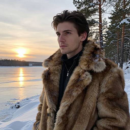Photograph of a serious, young man with brown hair wearing a thick fur coat, standing by a frozen lake at sunset, surrounded by snow-covered pine