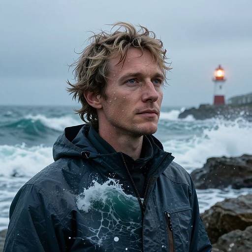 Photograph of a wet, blond-haired man in a black rain jacket, standing by a rocky sea shore with a lit lighthouse in the background.