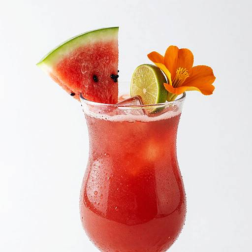 Photograph of a red, frosty glass with watermelon slice, lime wedge, and orange flower, set against a white background.