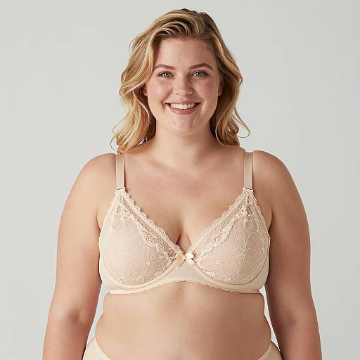 Smiling Woman in Beige Lace Bra