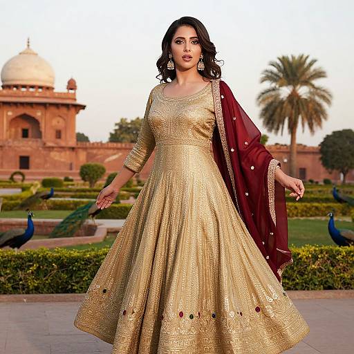 Photograph of a beautiful Indian woman with dark hair, wearing a gold embroidered lehenga and maroon dupatta, standing in front of a historic red