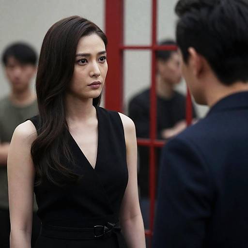 Photograph of a serious Asian woman with long black hair, wearing a sleeveless black dress, talking to a man in a dark suit, blurred background