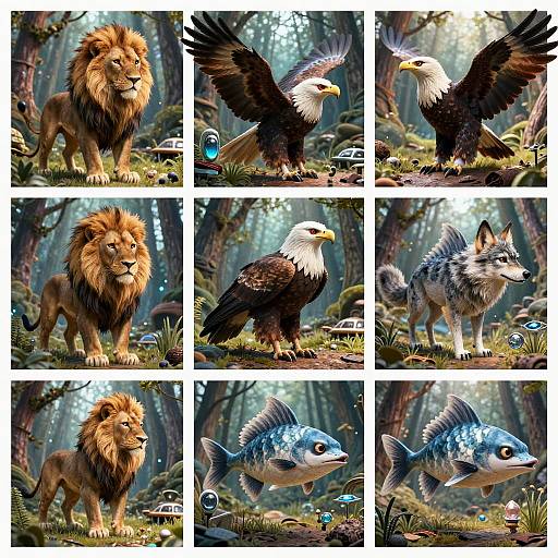Digital illustration of a forest scene featuring a lion, eagle, wolf, and fish in different poses, showcasing detailed textures and vibrant colors.
