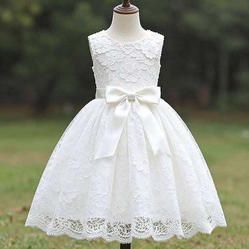 Photograph of a white lace sleeveless dress with a bow at the waist, displayed on a mannequin in a grassy outdoor setting.