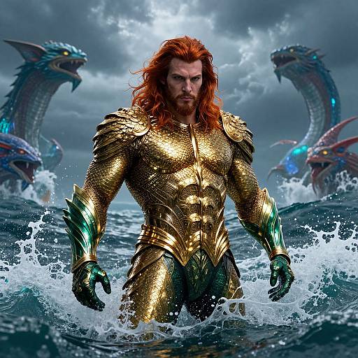 CGI image of a muscular, red-haired man with golden armor emerging from stormy ocean, surrounded by fierce, dragon-like sea creatures.