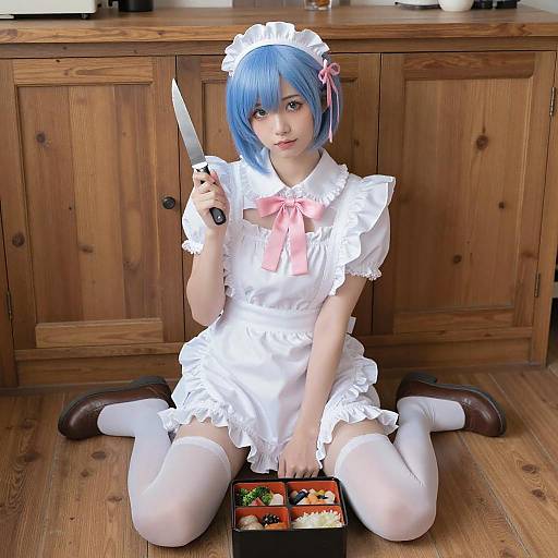 Blue-Haired Maid with Bento and Knife
