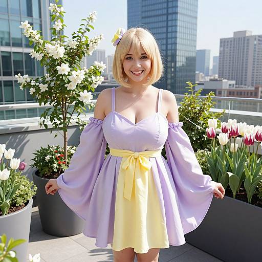 Blonde woman in lavender and yellow off-shoulder dress, smiling on rooftop garden with city skyline, white and red tulips. Photorealistic
