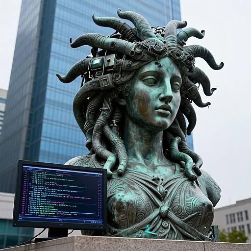 Photograph of a bronze statue with intricate headdress, featuring digital screens displaying code, set against a modern skyscraper backdrop.