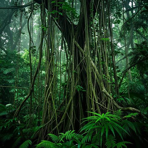 Photograph of a dense, lush jungle with towering, vine-covered tree trunks and vibrant green ferns, bathed in soft, misty light