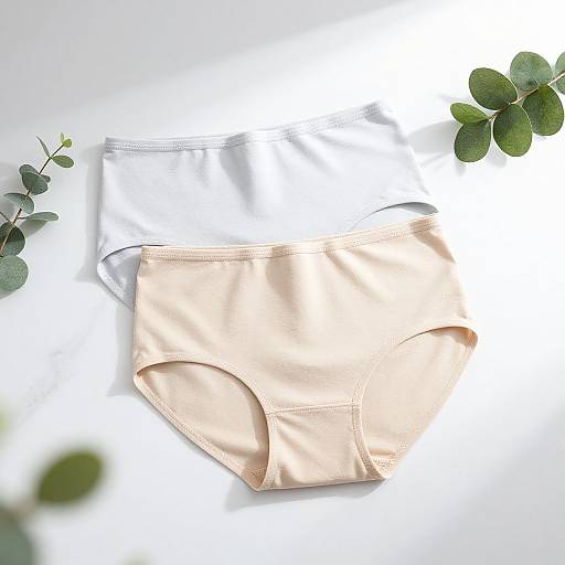 Photograph of peach-colored, high-cut cotton panties with white elastic waistband, placed on white surface, surrounded by green eucalyptus leaves