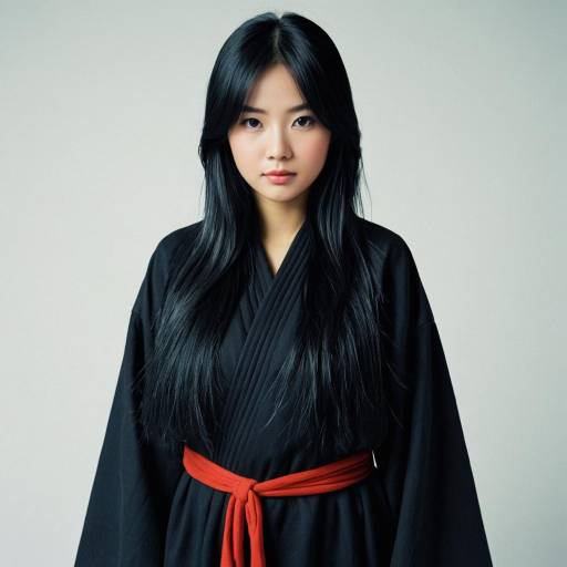 Young woman in black traditional robe with red sash