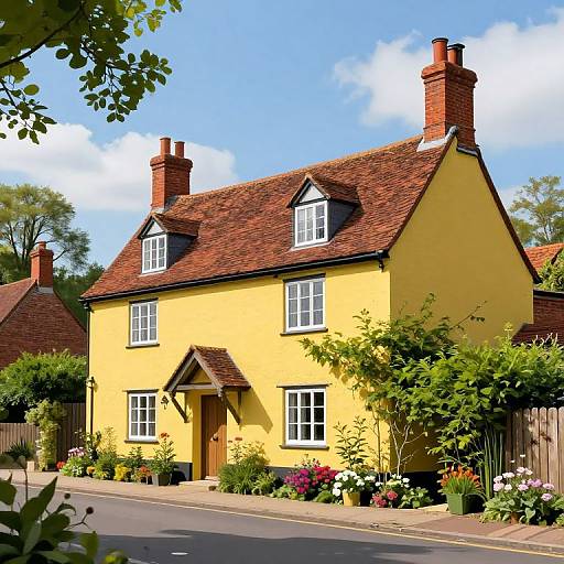 Photograph of a charming, yellow, two-story cottage with red roof, white trim, two chimneys, and vibrant flower garden on a sunny day
