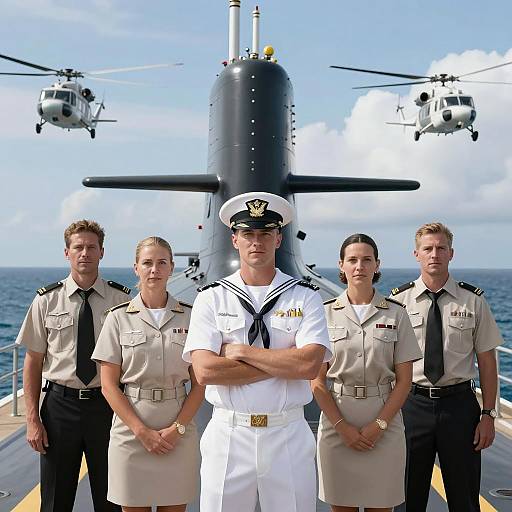 Naval Gathering Near Submarine and Helicopters