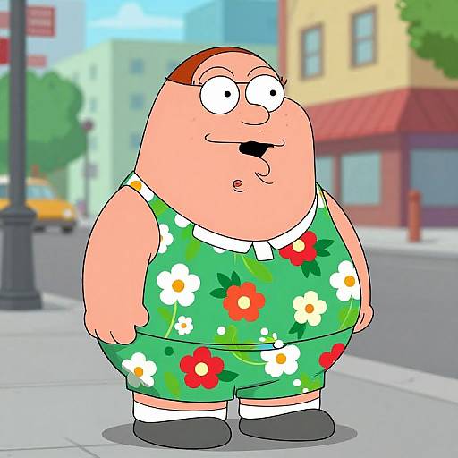 Cartoon-style image of a chubby, bald man with glasses, wearing a green floral shirt and shorts, standing on a sunny urban street.