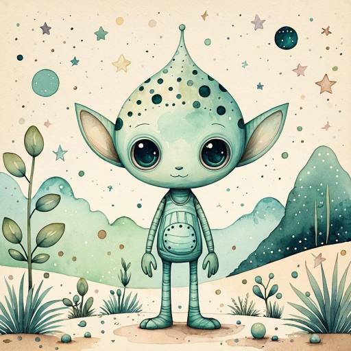 Whimsical Small Alien Character in Pastel Landscape