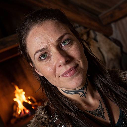 Close-up photograph of a smiling woman with blue eyes, dark hair, and black tattoos on her neck, standing in a dimly lit, rustic room