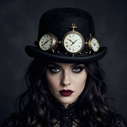 Photograph of a pale-skinned woman with dark wavy hair, wearing a black top hat adorned with four antique clocks, and dark red lipstick,