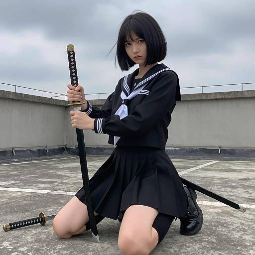 Intense Asian Girl with Katana on Rooftop