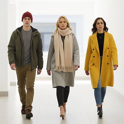 Three People in a Bright Hallway