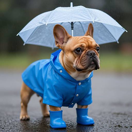 Photograph of a tan French Bulldog wearing a bright blue raincoat and matching boots, standing under a white umbrella in the rain.