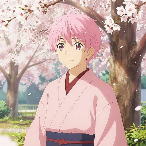Anime-style digital drawing of a pink-haired boy in a white kimono, standing under cherry blossom trees with pink petals falling.