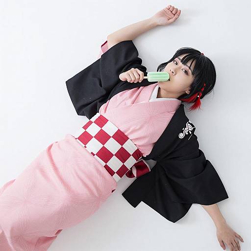 Woman in Kimono Eating Green Popsicle