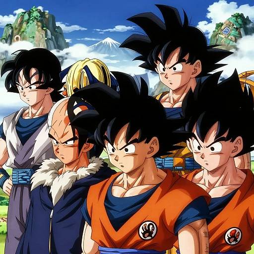 Digital anime-style artwork of six muscular, spiky-haired 