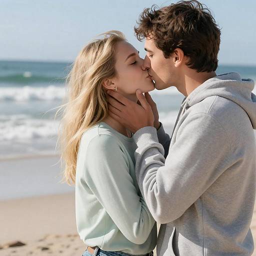 Sunlit Beach Kiss: Tender Couple Embrace
