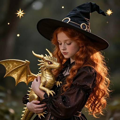 Photograph of a red-haired girl with wavy hair, wearing a black witch hat and dress, holding a glowing gold dragon in a forest with twink