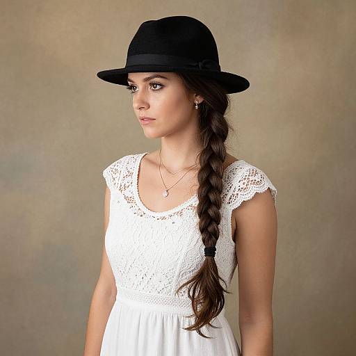 Photograph of a young woman with fair skin, long brown braid, wearing a black hat, white lace dress, and multiple necklaces, against