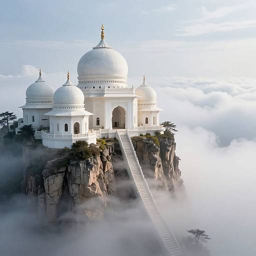 Photograph of a white, dome-topped temple perched on a rocky cliff, surrounded by mist, with a long staircase leading up.
