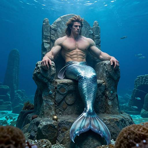 Photorealistic digital art of a muscular, blond merman with a shiny silver tail, sitting on a stone throne underwater, surrounded by coral and ancient