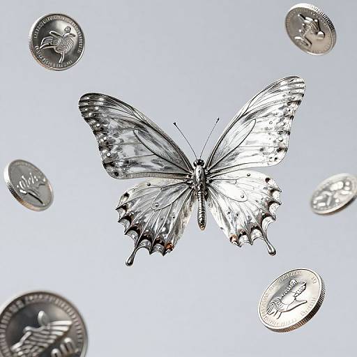 Photograph of a detailed black-and-white butterfly illustration surrounded by scattered silver coins on a light blue background.