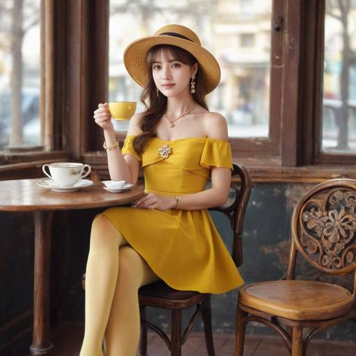 Elegant Woman in Yellow Dress Enjoying Coffee
