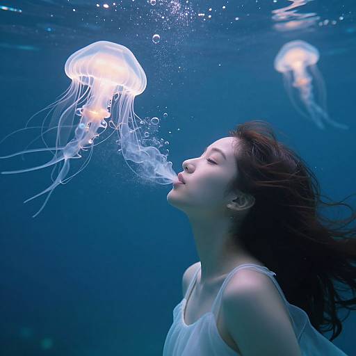 Photograph of an Asian woman with long black hair, wearing a white tank top, underwater, kissing a glowing jellyfish in a deep blue ocean.