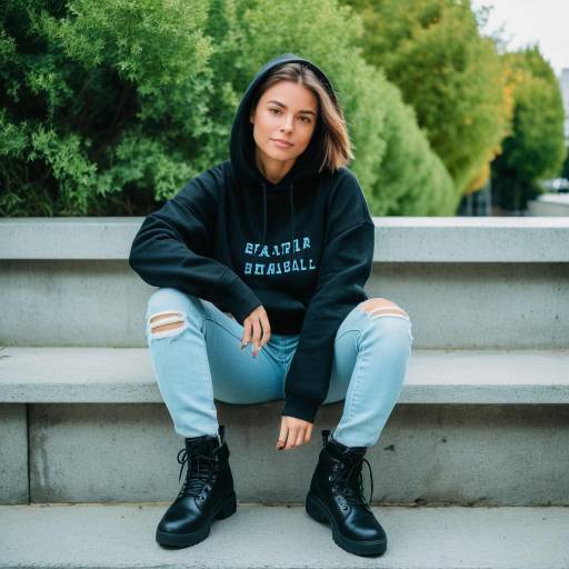 Young Woman in Street Style Hoodie and Ripped Jeans