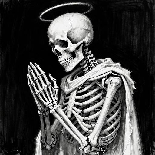 Black-and-white digital drawing of a skeletal figure with a halo, raised hands, and a draped cape, set against a dark background.