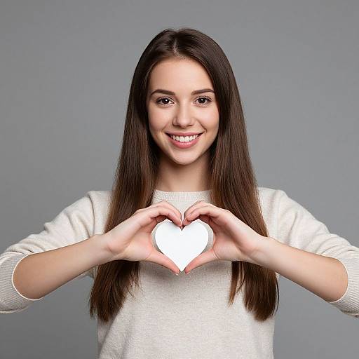 Photograph of a smiling young woman with long brown hair, wearing a white sweater, forming a heart shape with her hands around a white heart in the
