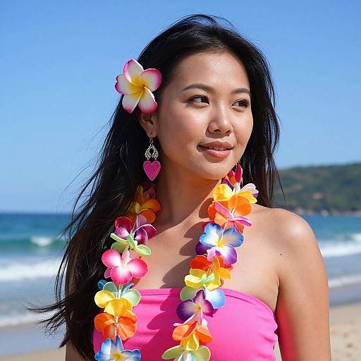Asian woman with black hair, pink strapless top, colorful flower lei, and heart-shaped earrings on sunny beach, blue sky background.