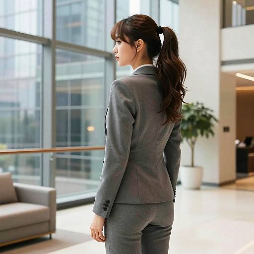 Voluminous Ponytail in Skyscraper Lobby